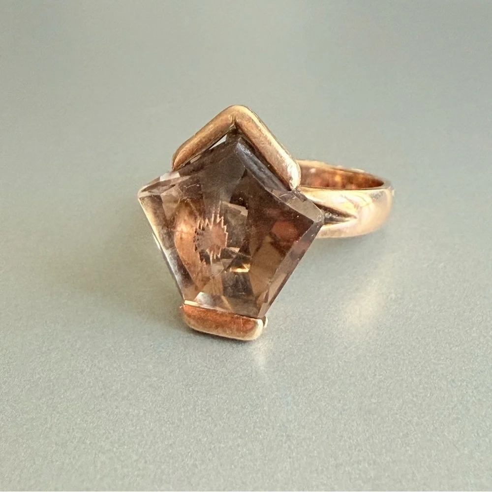 Estate Solid 14k Rose Gold Smoky Topaz Geometric Modernist Vintage Cockt…